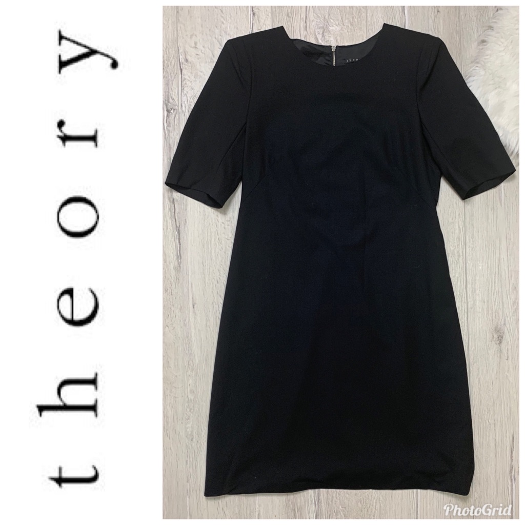Theory Black Short Sleeve Wool Blend Sheath Dress